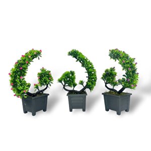 3lü Set Yapay Çiçek Bonsai Ağacı Eğik Model Dekoratif Yapay Ağaç Bonzai 30*15 Cm Siyah Saksıda