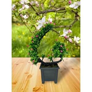 3lü Set Yapay Çiçek Bonsai Ağacı Eğik Model Dekoratif Yapay Ağaç Bonzai 30*15 Cm Siyah Saksıda