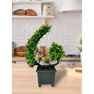 3lü Set Yapay Çiçek Bonsai Ağacı Eğik Model Dekoratif Yapay Ağaç Bonzai 30*15 Cm Siyah Saksıda