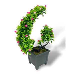 3lü Set Yapay Çiçek Bonsai Ağacı Eğik Model Dekoratif Yapay Ağaç Bonzai 30*15 Cm Siyah Saksıda