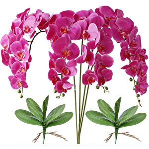 4lü Set Yapay Çiçek Fuşya Islak Orkide Ve 2 Adet Orkide Yaprağı Gerçeksi Doku Uzun Dal 90cm