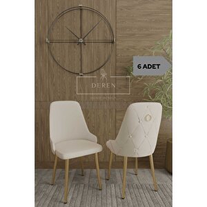 Nef Serisi 6 Adet Mutfak Salon Sandalyesi Gold Metal Ayak Silinebilir Baby Face Kumaş Krem