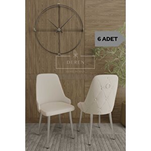 Nil Serisi 6 Adet Mutfak Salon Sandalyesi Gümüş Metal Ayak Silinebilir Baby Face Kumaş Krem