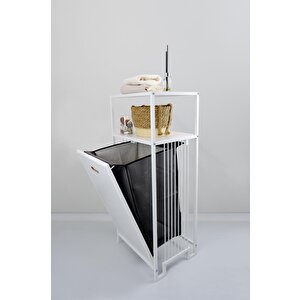 Metal Kirli Sepetli 2 Raflı Çok Amaçlı Banyo Düzenleyici Raf Organizer Beyaz – Mrs-007 C1-1-369