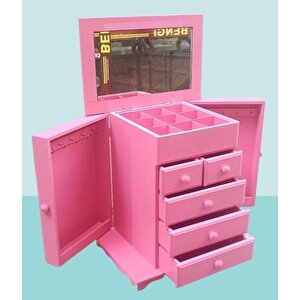 Hobi Takı Kutu Makyaj Şifonyer 90389 Model 9çekmece Parlak Pembe Ahşap Mdf Elyapım