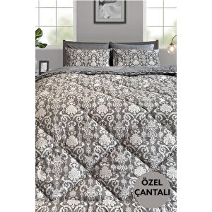 Lux Uyku Seti-tek Kişilik-lastikli Çarşaflı 2yastık Kılıflı-özel Çantada Modern Damask Gri