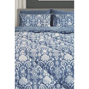 Lux Uyku Seti-tek Kişilik-lastikli Çarşaflı 2yastık Kılıflı-özel Çantada Modern Damask İndigo