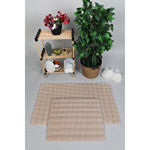 Modern Bubble Yıkanabilir Kaymaz Peluş Banyo Paspası Halısı 2'li Klozet Takımı 50x80-50x40cm Açık Bej