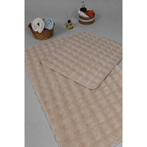 Modern Bubble Yıkanabilir Kaymaz Peluş Banyo Paspası Halısı 2'li Klozet Takımı 50x80-50x40cm Açık Bej