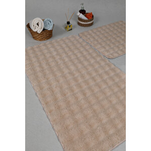 Modern Bubble Yıkanabilir Kaymaz Peluş Banyo Paspası Halısı 2'li Klozet Takımı 50x80-50x40cm Açık Bej
