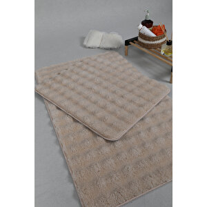 Modern Bubble Yıkanabilir Kaymaz Peluş Banyo Paspası Halısı 2'li Klozet Takımı 60x100-50x60cm Açık Bej