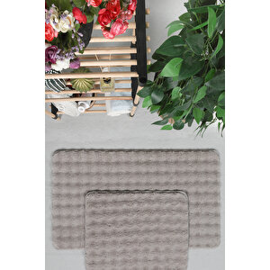 Modern Bubble Yıkanabilir Kaymaz Peluş Banyo Paspası Halısı 2'li Klozet Takımı 50x80-50x40cm Bej