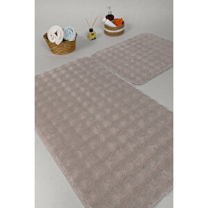 Modern Bubble Yıkanabilir Kaymaz Peluş Banyo Paspası Halısı 2'li Klozet Takımı 50x80-50x40cm Bej
