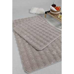 Modern Bubble Yıkanabilir Kaymaz Peluş Banyo Paspası Halısı 2'li Klozet Takımı 50x80-50x40cm Bej