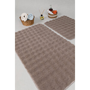 Modern Bubble Yıkanabilir Kaymaz Peluş Banyo Paspası Halısı 2'li Klozet Takımı 50x80-50x40cm Vizon