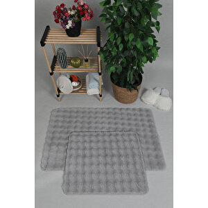 Modern Bubble Yıkanabilir Kaymaz Peluş Banyo Paspası Halısı 2'li Klozet Takımı 50x80-50x40cm Gri