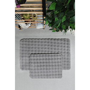 Modern Bubble Yıkanabilir Kaymaz Peluş Banyo Paspası Halısı 2'li Klozet Takımı 50x80-50x40cm Gri