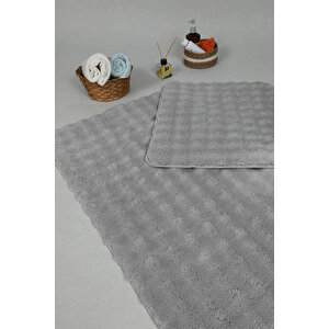 Modern Bubble Yıkanabilir Kaymaz Peluş Banyo Paspası Halısı 2'li Klozet Takımı 50x80-50x40cm Gri