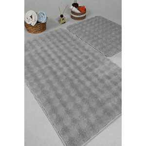 Modern Bubble Yıkanabilir Kaymaz Peluş Banyo Paspası Halısı 2'li Klozet Takımı 50x80-50x40cm Gri
