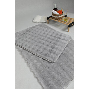 Modern Bubble Yıkanabilir Kaymaz Peluş Banyo Paspası Halısı 2'li Klozet Takımı 50x80-50x40cm Gri