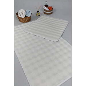 Modern Bubble Yıkanabilir Kaymaz Peluş Banyo Paspası Halısı 2'li Klozet Takımı 60x100-50x60cm Krem