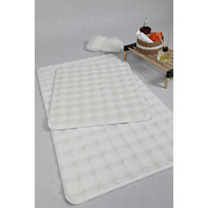 Modern Bubble Yıkanabilir Kaymaz Peluş Banyo Paspası Halısı 2'li Klozet Takımı 60x100-50x60cm Krem