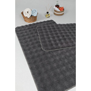 Modern Bubble Yıkanabilir Kaymaz Peluş Banyo Paspası Halısı 2li Klozet Takımı 50x80-50x40cm Antrasit