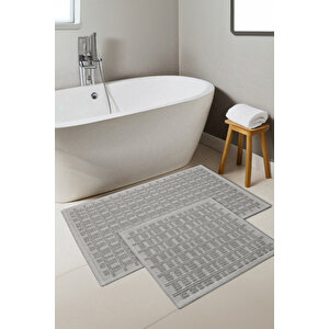 Naturel Pamuklu Kilim Yıkanabilir Banyo Paspası Halısı 2'li Klozet Takımı 60x100-50x60cm Gri
