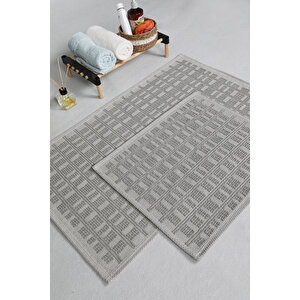 Naturel Pamuklu Kilim Yıkanabilir Banyo Paspası Halısı 2'li Klozet Takımı 60x100-50x60cm Gri