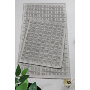 Naturel Pamuklu Kilim Yıkanabilir Banyo Paspası Halısı 2'li Klozet Takımı 60x100-50x60cm Gri