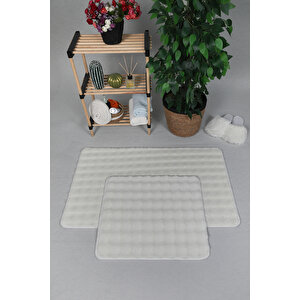 Modern Bubble Yıkanabilir Kaymaz Peluş Banyo Paspası Halısı 2'li Klozet Takımı 50x80-50x40cm Krem