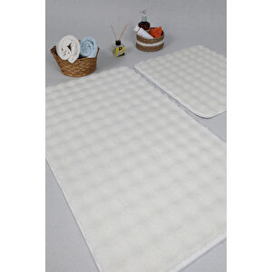 Modern Bubble Yıkanabilir Kaymaz Peluş Banyo Paspası Halısı 2'li Klozet Takımı 50x80-50x40cm Krem