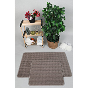 Modern Bubble Yıkanabilir Kaymaz Peluş Banyo Paspası Halısı 2'li Klozet Takımı 60x100-50x60cm Vizon