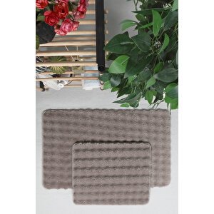 Modern Bubble Yıkanabilir Kaymaz Peluş Banyo Paspası Halısı 2'li Klozet Takımı 60x100-50x60cm Vizon