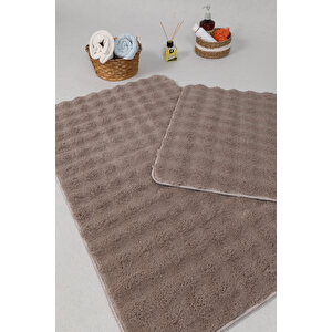 Modern Bubble Yıkanabilir Kaymaz Peluş Banyo Paspası Halısı 2'li Klozet Takımı 60x100-50x60cm Vizon