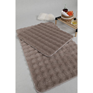 Modern Bubble Yıkanabilir Kaymaz Peluş Banyo Paspası Halısı 2'li Klozet Takımı 60x100-50x60cm Vizon