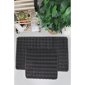 Modern Bubble Yıkanabilir Kaymaz Peluş Banyo Paspası Halısı 2li Klozet Takımı 60x100-50x60cm Antrasit