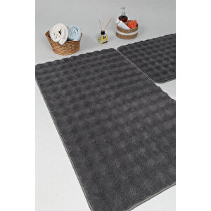 Modern Bubble Yıkanabilir Kaymaz Peluş Banyo Paspası Halısı 2li Klozet Takımı 60x100-50x60cm Antrasit