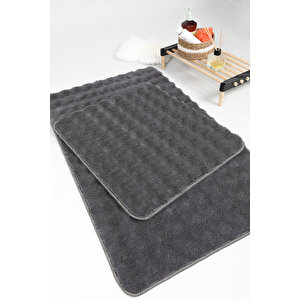 Modern Bubble Yıkanabilir Kaymaz Peluş Banyo Paspası Halısı 2li Klozet Takımı 60x100-50x60cm Antrasit