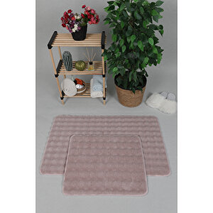 Modern Bubble Yıkanabilir Kaymaz Peluş Banyo Paspası Halısı 2'li Klozet Takımı 50x80-50x40cm Pembe