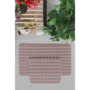 Modern Bubble Yıkanabilir Kaymaz Peluş Banyo Paspası Halısı 2'li Klozet Takımı 50x80-50x40cm Pembe