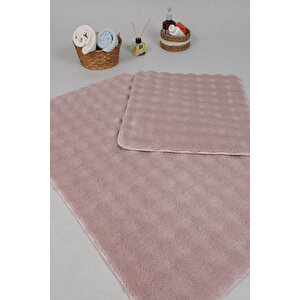 Modern Bubble Yıkanabilir Kaymaz Peluş Banyo Paspası Halısı 2'li Klozet Takımı 50x80-50x40cm Pembe