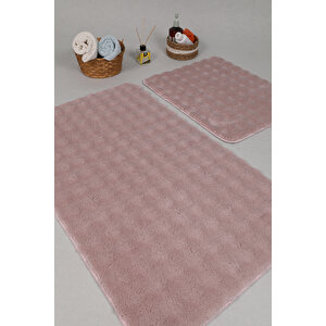 Modern Bubble Yıkanabilir Kaymaz Peluş Banyo Paspası Halısı 2'li Klozet Takımı 50x80-50x40cm Pembe