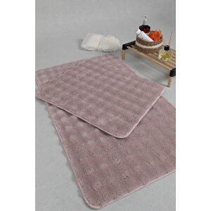 Modern Bubble Yıkanabilir Kaymaz Peluş Banyo Paspası Halısı 2'li Klozet Takımı 50x80-50x40cm Pembe