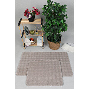 Modern Bubble Yıkanabilir Kaymaz Peluş Banyo Paspası Halısı 2'li Klozet Takımı 60x100-50x60cm Bej