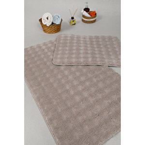 Modern Bubble Yıkanabilir Kaymaz Peluş Banyo Paspası Halısı 2'li Klozet Takımı 60x100-50x60cm Bej
