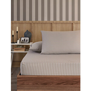 Pamuklu Çizgili Saten Çift Kişilik Lastikli Çarşaf Seti 160x200 Cm 2 Adet Yastık Kılıfı 50x70 Cm