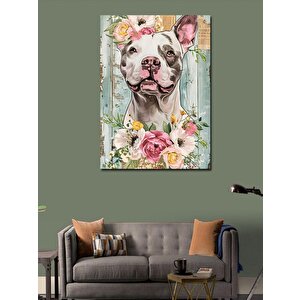 Kanvas Tablo Çiçekler Ve Pitbull Köpek 100x140 cm