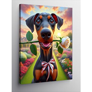 Kanvas Tablo Beyaz Gül Tutan Köpek