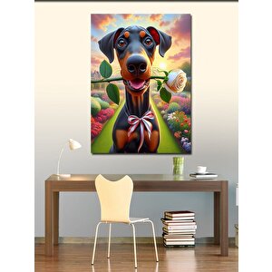 Kanvas Tablo Beyaz Gül Tutan Köpek